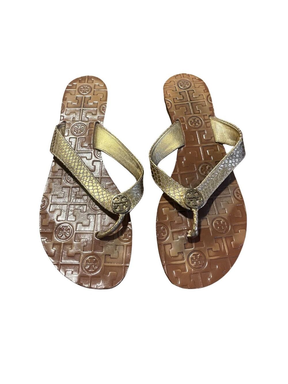 Tory Burch Thora Embossed Gold Leather Snakeskin Thong Sandal Size 9 Flip Flop